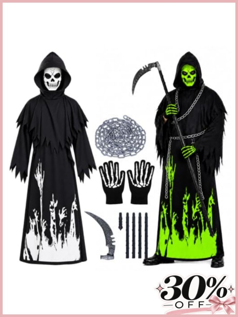 Grim Reaper Costume Set Luminous Hooded Robe Skull Mask Scythe Chains Men